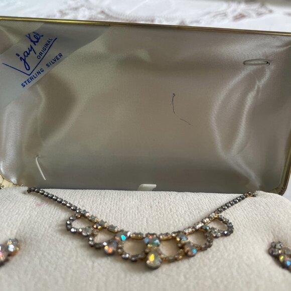 Vintage Necklace & Earrings Set Aurora Borealis Jay Kel Sterling Silver Wedding - Picture 6 of 14